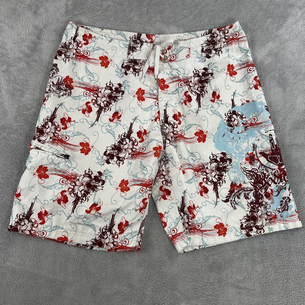 AOP Body Glove Floral Graphic Board Shorts 38 White Red Surf Beach Swim Trunks